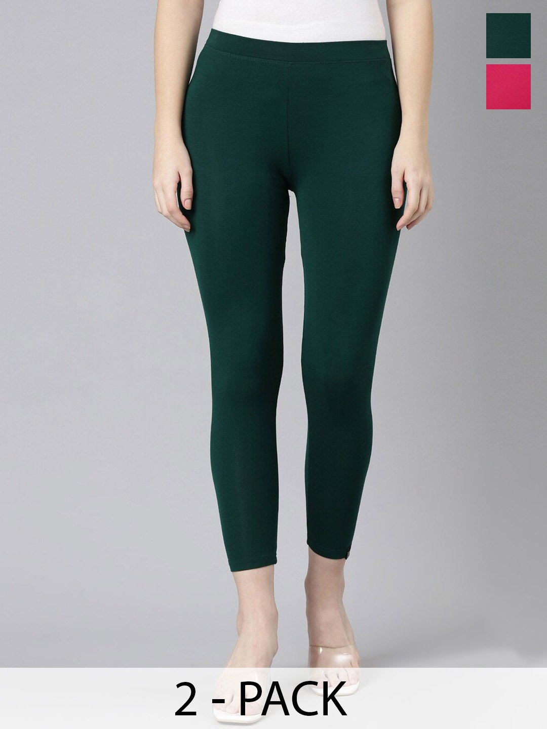 

Twin Birds Pack Of 2 Women Solid Skinny Fit High Ankle Cropped Leggings, Pink