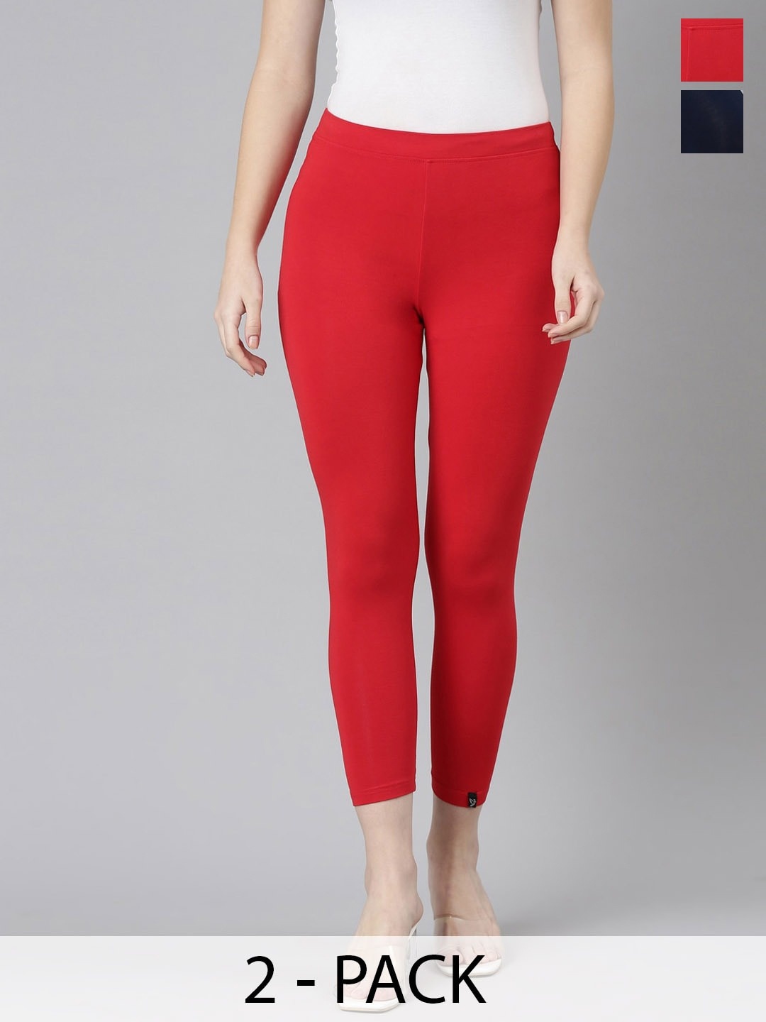 

Twin Birds Pack Of 2 Women Solid Skinny Fit High Ankle Cropped Leggings, Red