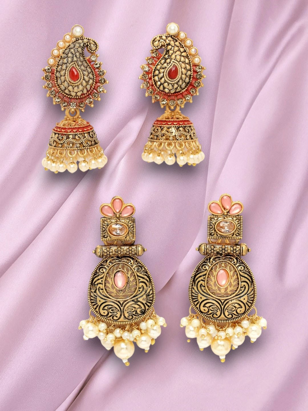 

ADIVA Set Of 2 Gold-Plated Stone-Studded & Beaded Brass Classic Antique Drop Earrings