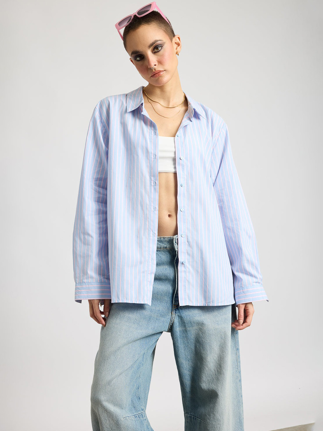 

FREAKINS Relaxed Fit Vertical Striped Cotton Casual Shirt, Blue
