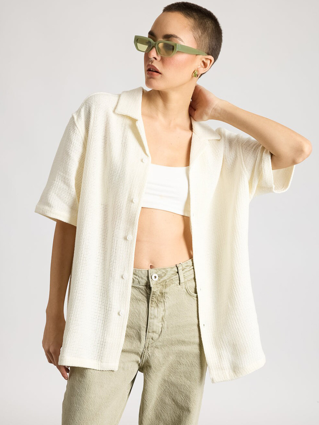

FREAKINS Relaxed Fit Textured Self Design Cotton Casual Shirt, Off white