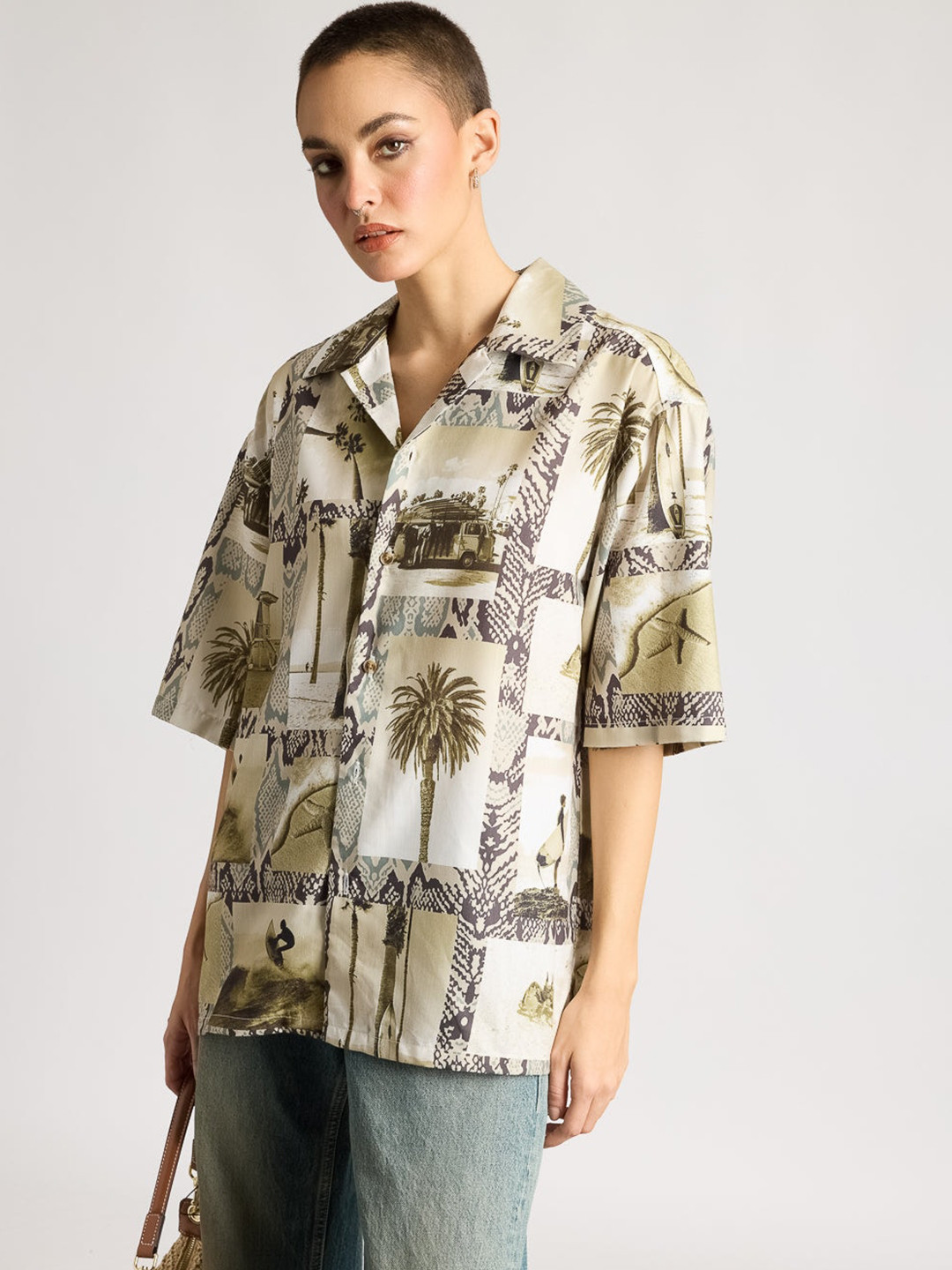 

FREAKINS Relaxed Fit Conversational Printed Drop-Shoulder Sleeves Casual Shirt, Brown