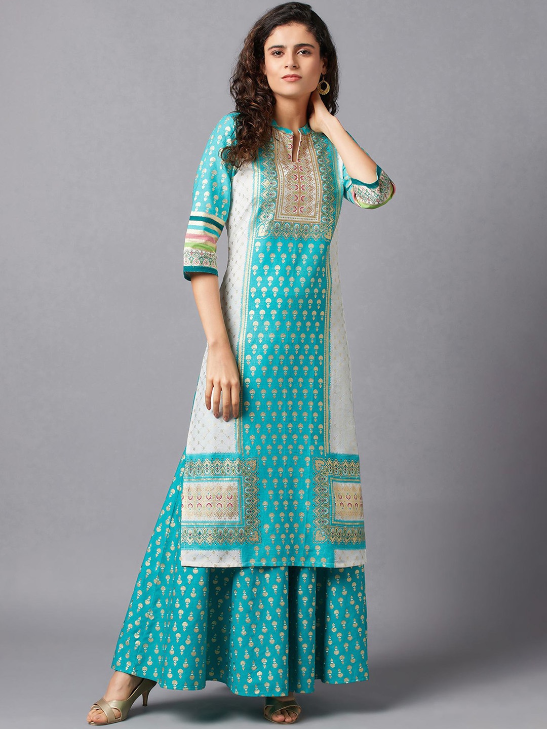 

AURELIA Ethnic Motifs Printed Band Collar Pure Cotton Straight Kurta with Palazzos, Blue