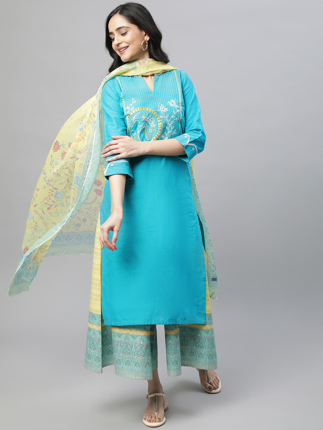 

AURELIA Floral Yoke Design Band Collar Pure Cotton Straight Kurta with Trousers, Blue