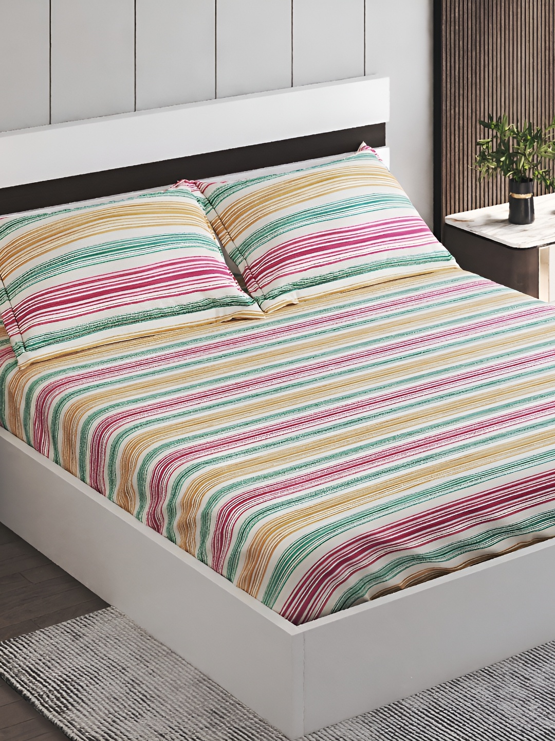 

Home Centre Cream-Coloured & Green Striped Cotton 144 TC King Bedsheet Set