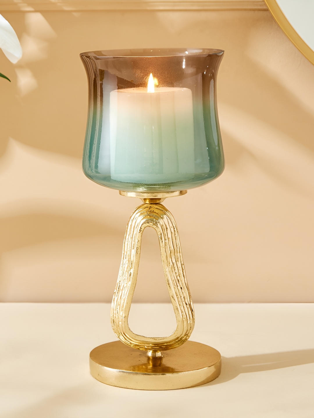 

Home Centre Green Glass Hurricane Candle Holder