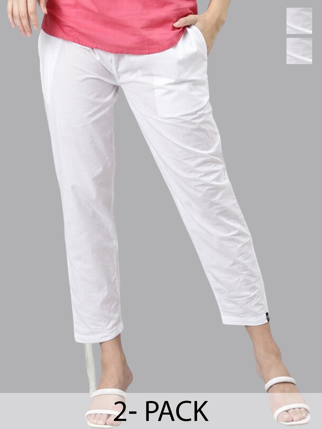 

TWIN BIRDS Pack Of 2 Mid-Rise Pure Cotton Cropped Trousers, White