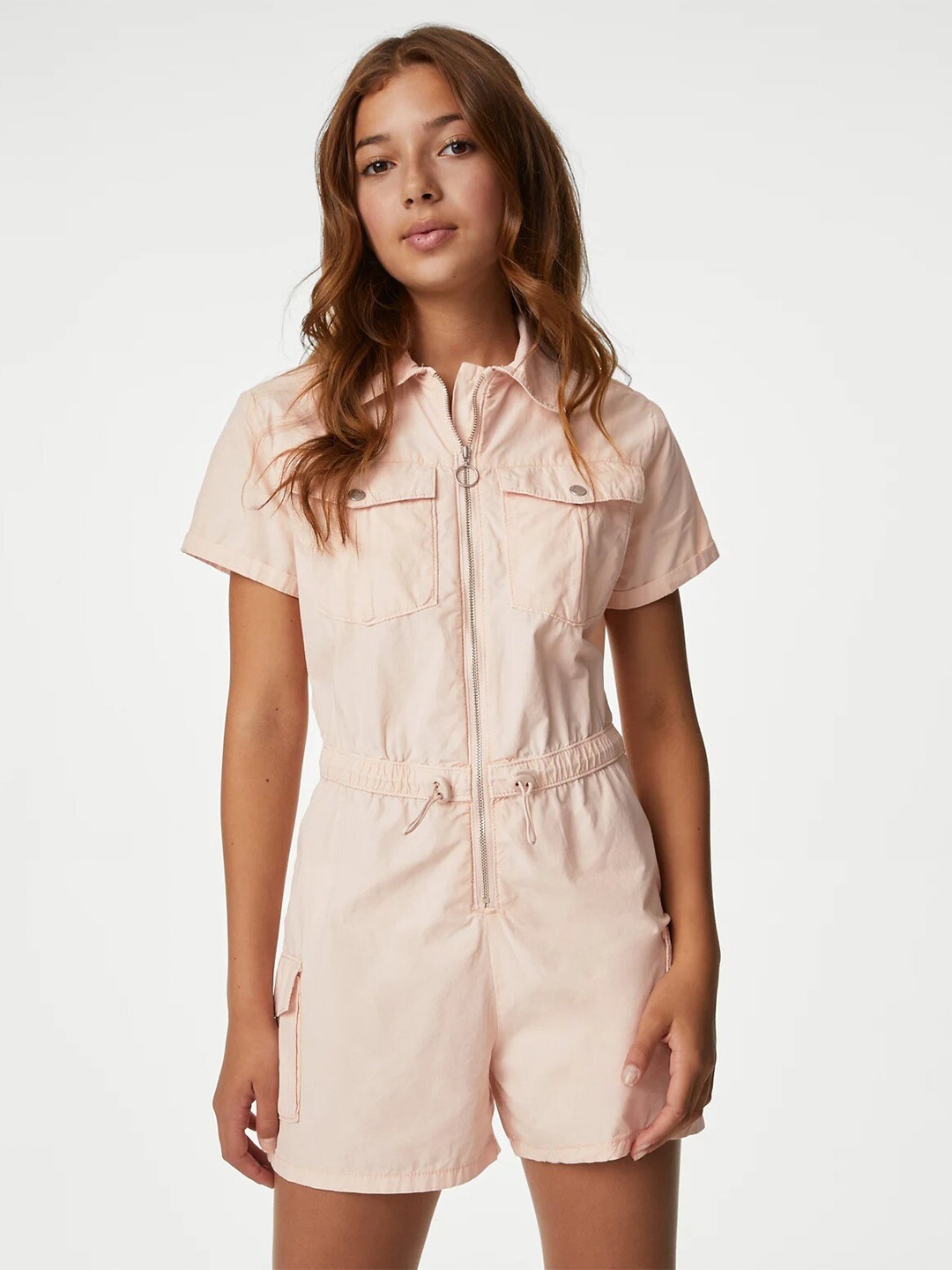 

Marks & Spencer Girls Shirt Collar Pure Cotton Playsuit, Peach