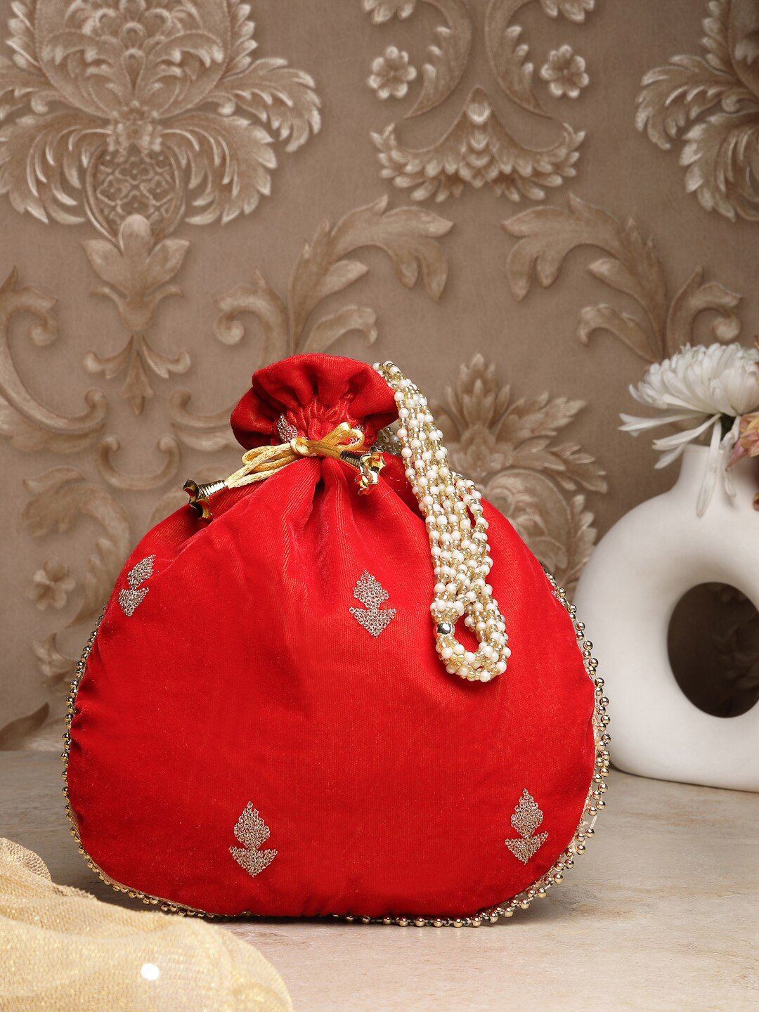 

Dhrohar Embroidered Potli Clutch, Red