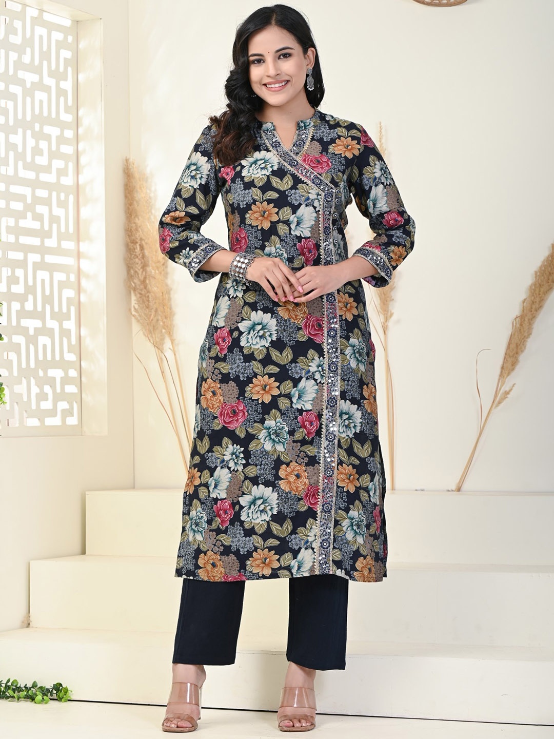 

KALINI Floral Printed Angrakha Mirror Work Pure Cotton Kurta With Trousers, Blue