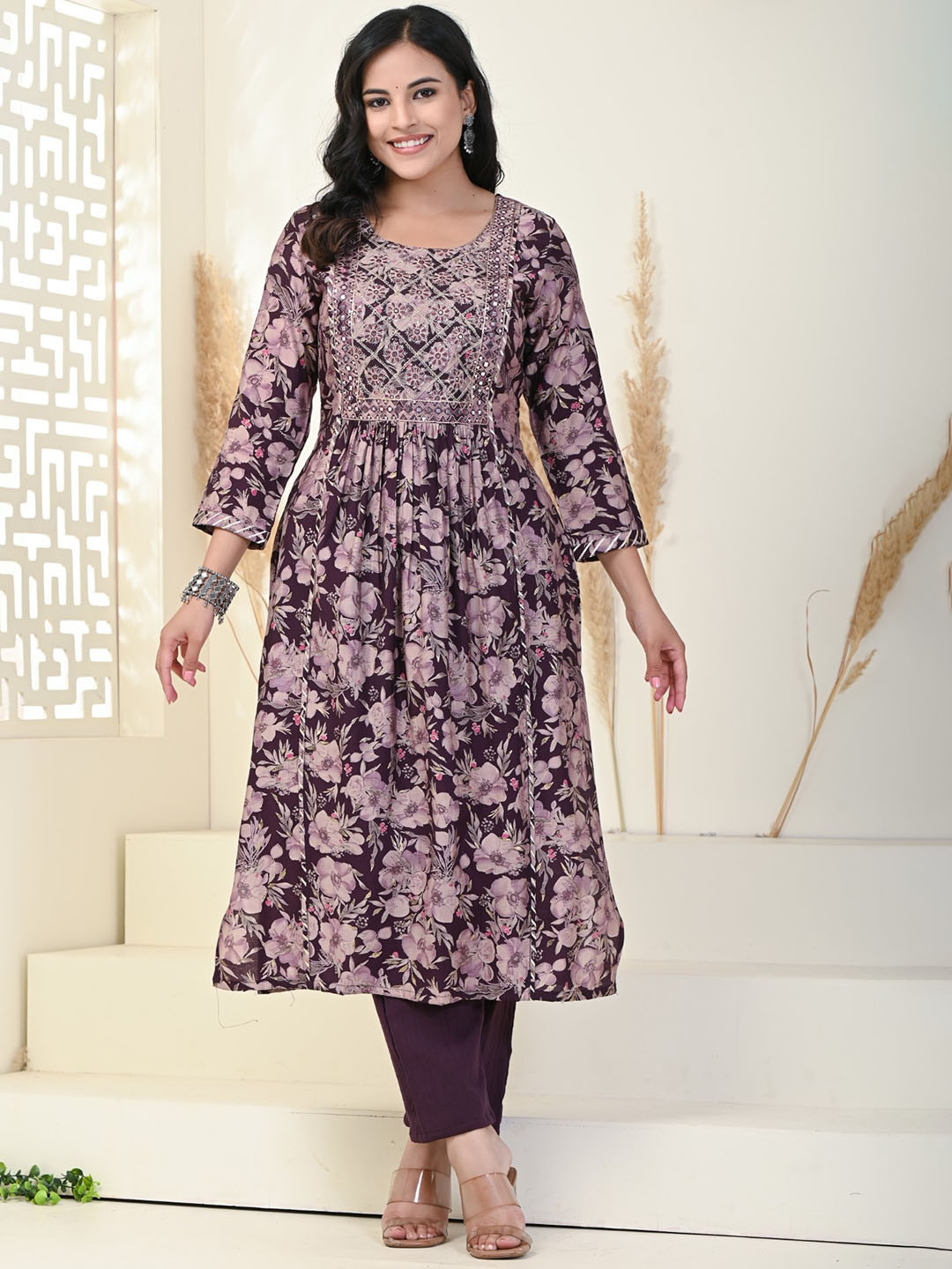 

KALINI Floral Printed Regular Mirror Work Pure Cotton Kurta with Trousers, Purple