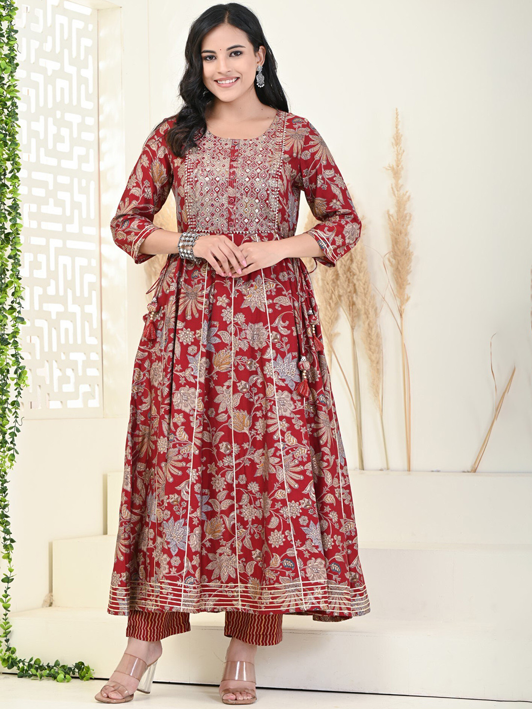 

KALINI Floral Printed Pure Cotton Anarkali Kurta with Trousers, Maroon