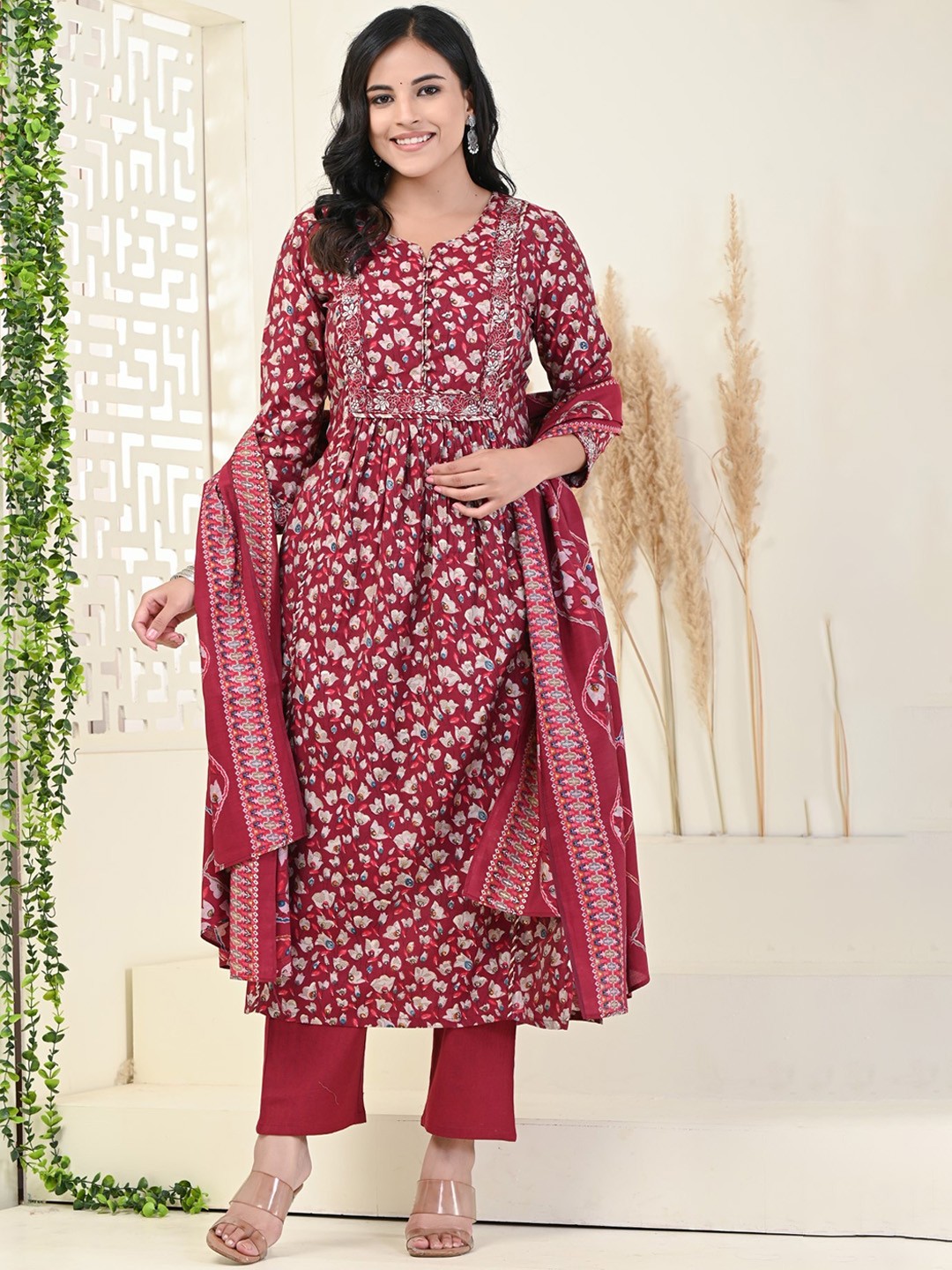 

KALINI Floral Printed Sequinned Pure Cotton Straight Kurta With Trousers & Dupatta, Maroon