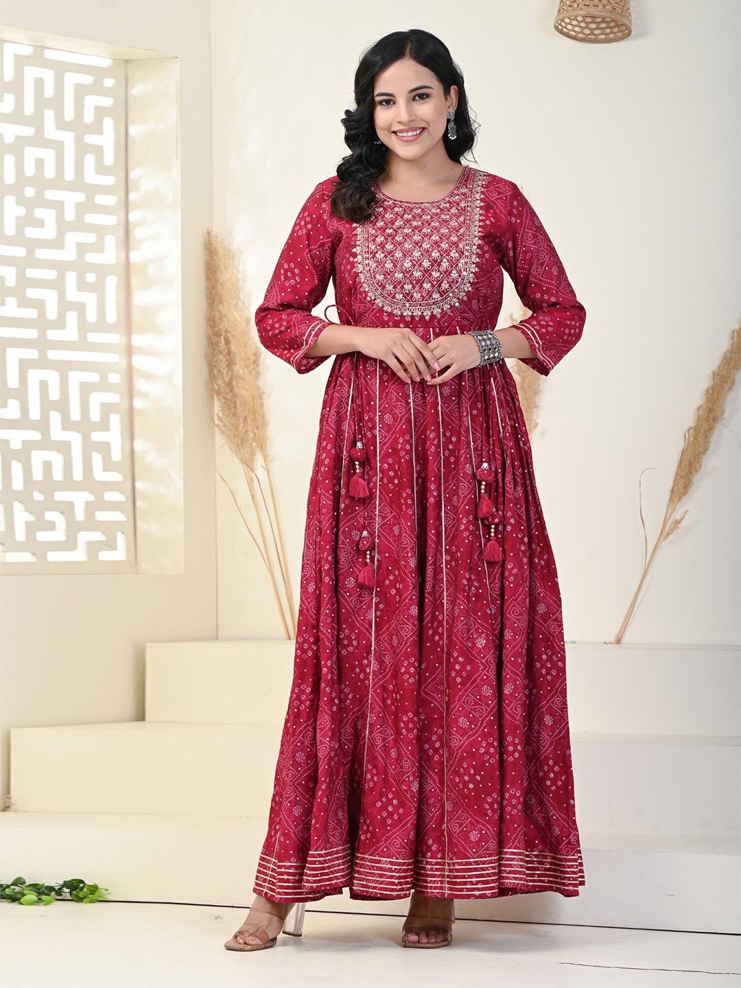 

KALINI Bandhani Printed Maxi Ethnic Dresses, Red