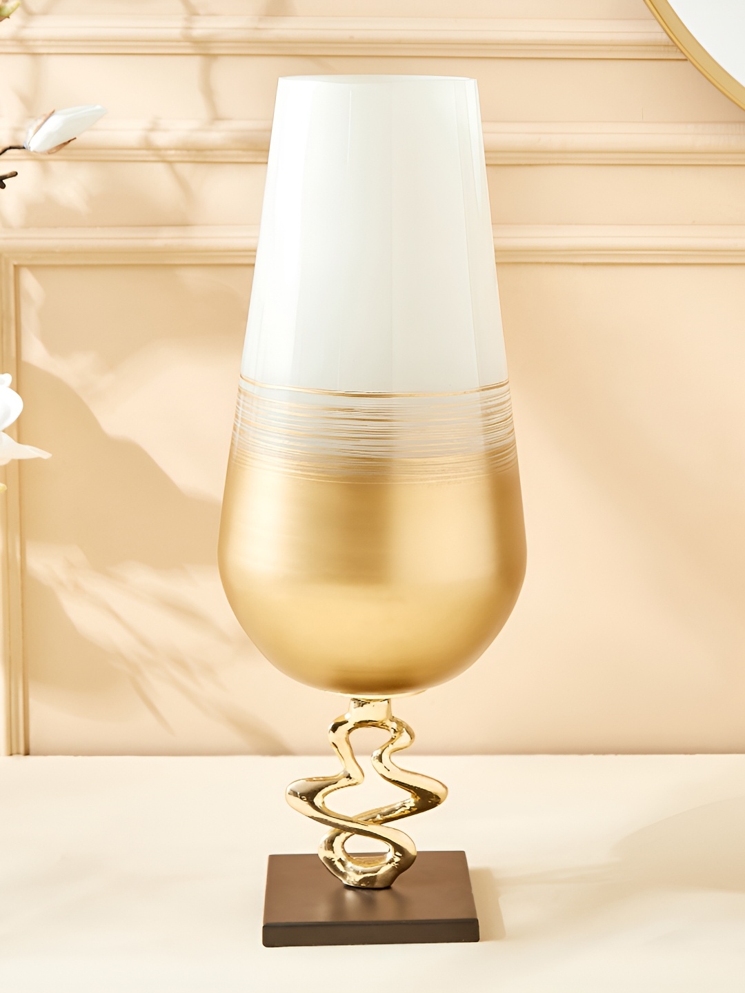 

Home Centre Eternity Viva Yellow & White Colourblocked Rim Glass Vase, Gold