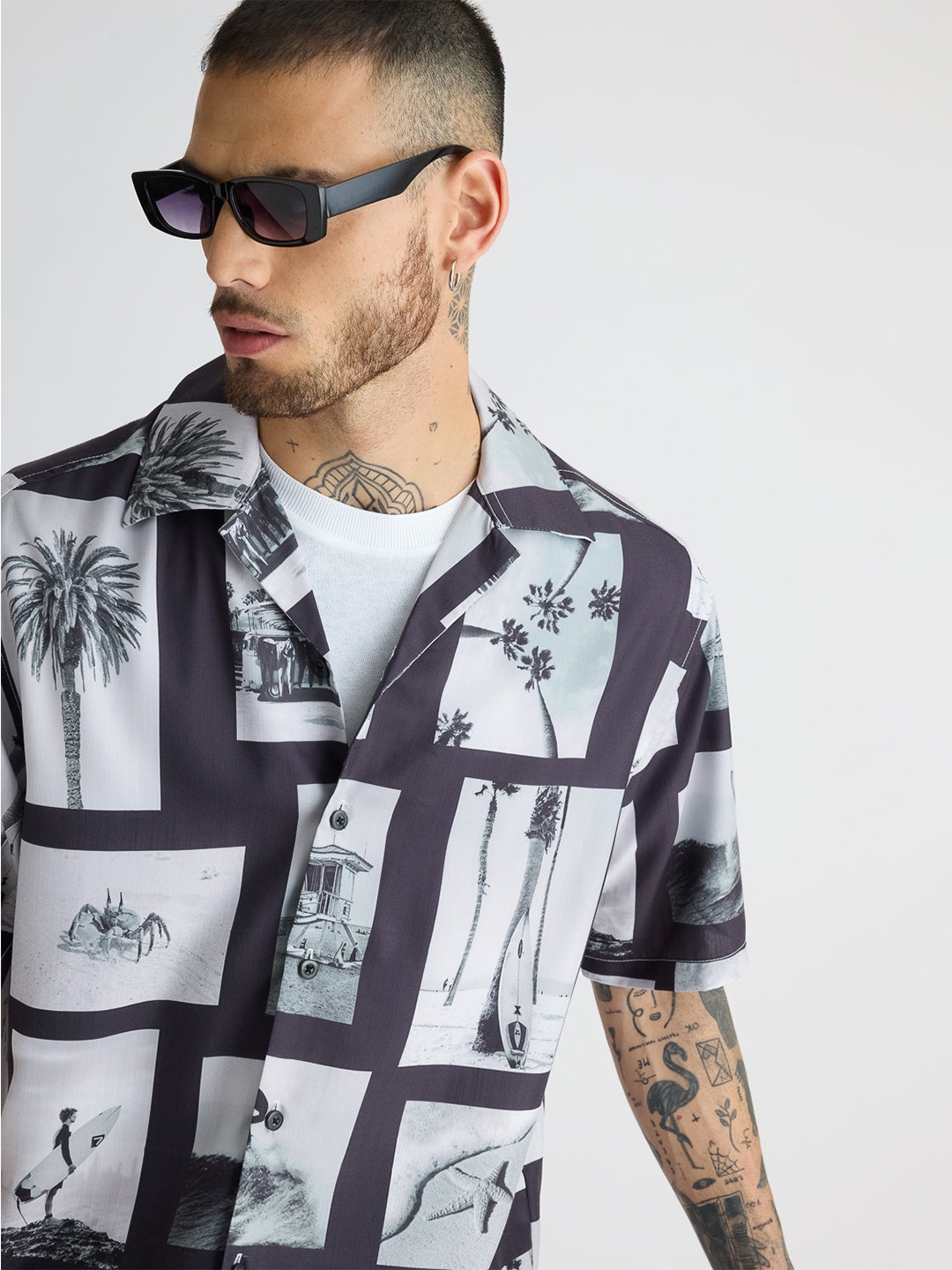 

FREAKINS Relaxed Fit Conversational Printed Cuban Collar Casual Shirt, Black