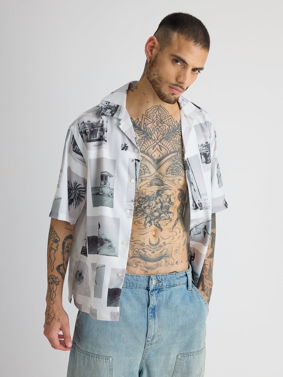 

FREAKINS Relaxed Fit Conversational Printed Cuban Collar Casual Shirt, White