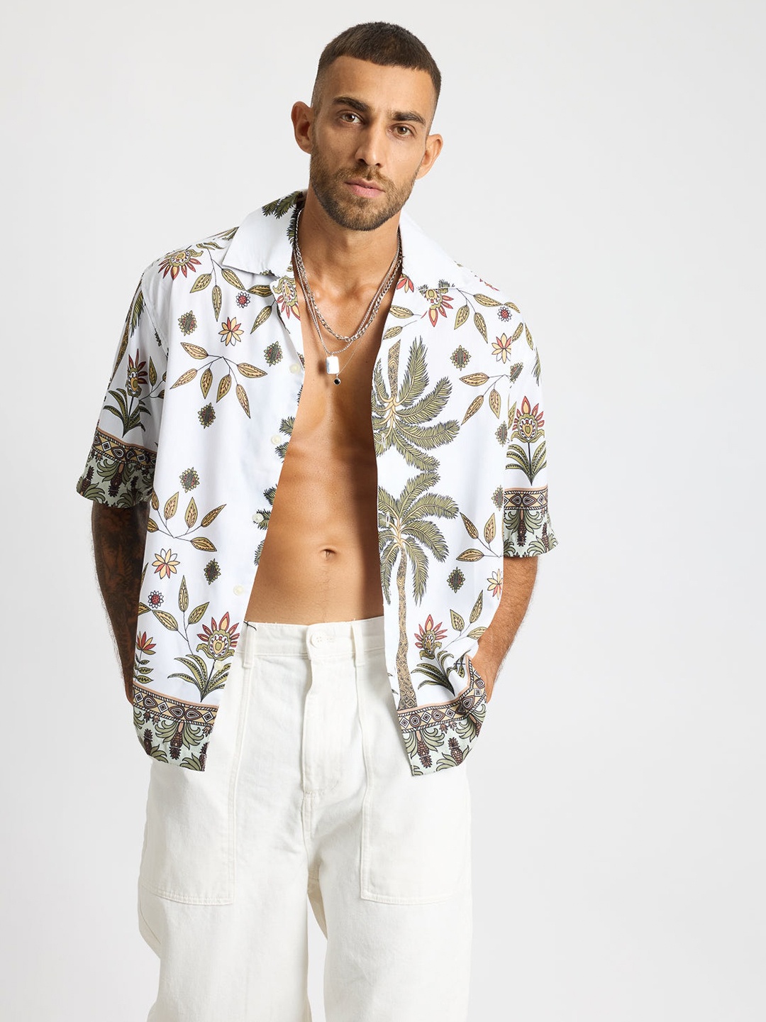 

FREAKINS Relaxed Fit Floral Printed Cuban Collar Casual Shirt, White