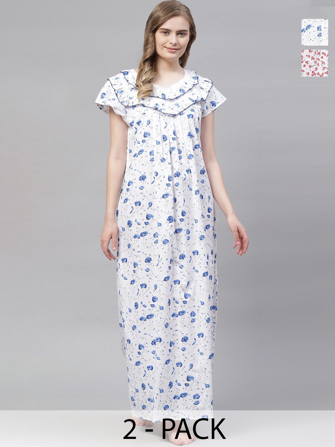 

Vemante White Pack of 2 Floral Printed Sweetheart Neck Pure Cotton Maxi Nightdress, Blue