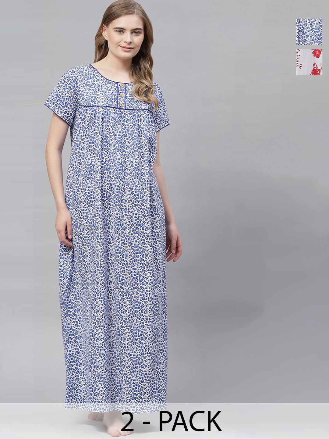 

Vemante White Pack of 2 Floral Printed Pure Cotton Maxi Nightdress, Pink