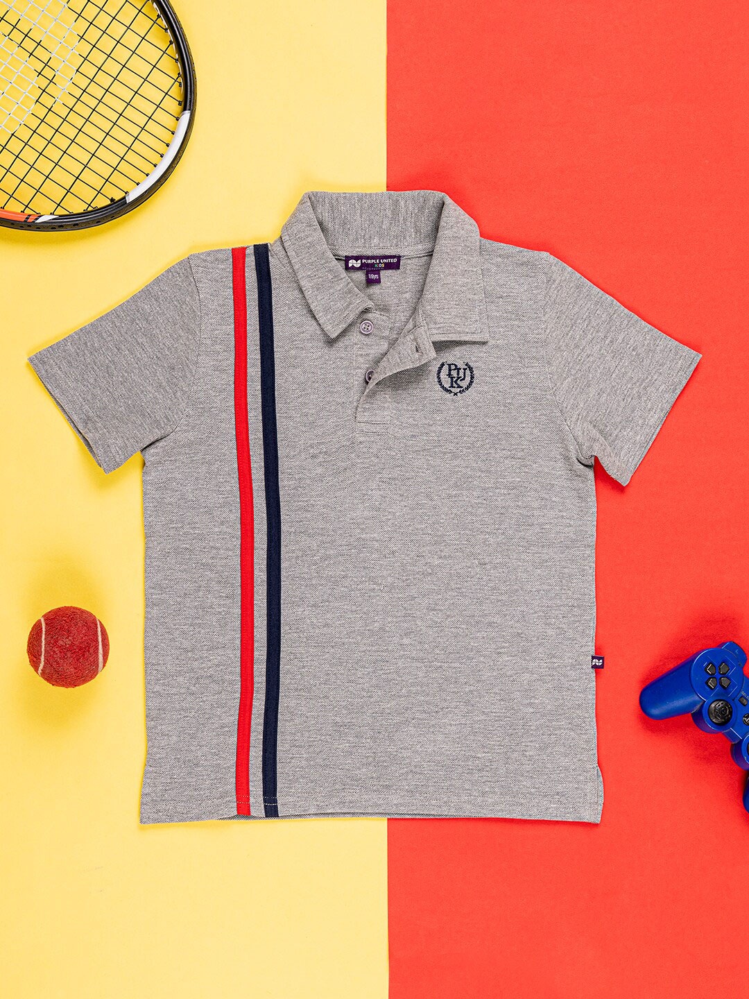

Purple United Kids Boys Polo Collar Applique T-shirt, Grey melange