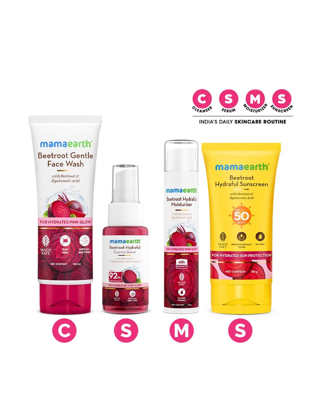 

Mamaearth Beetroot Skin Care Set-Face Wash+Moisturizer+Serum+Sunscreen, White