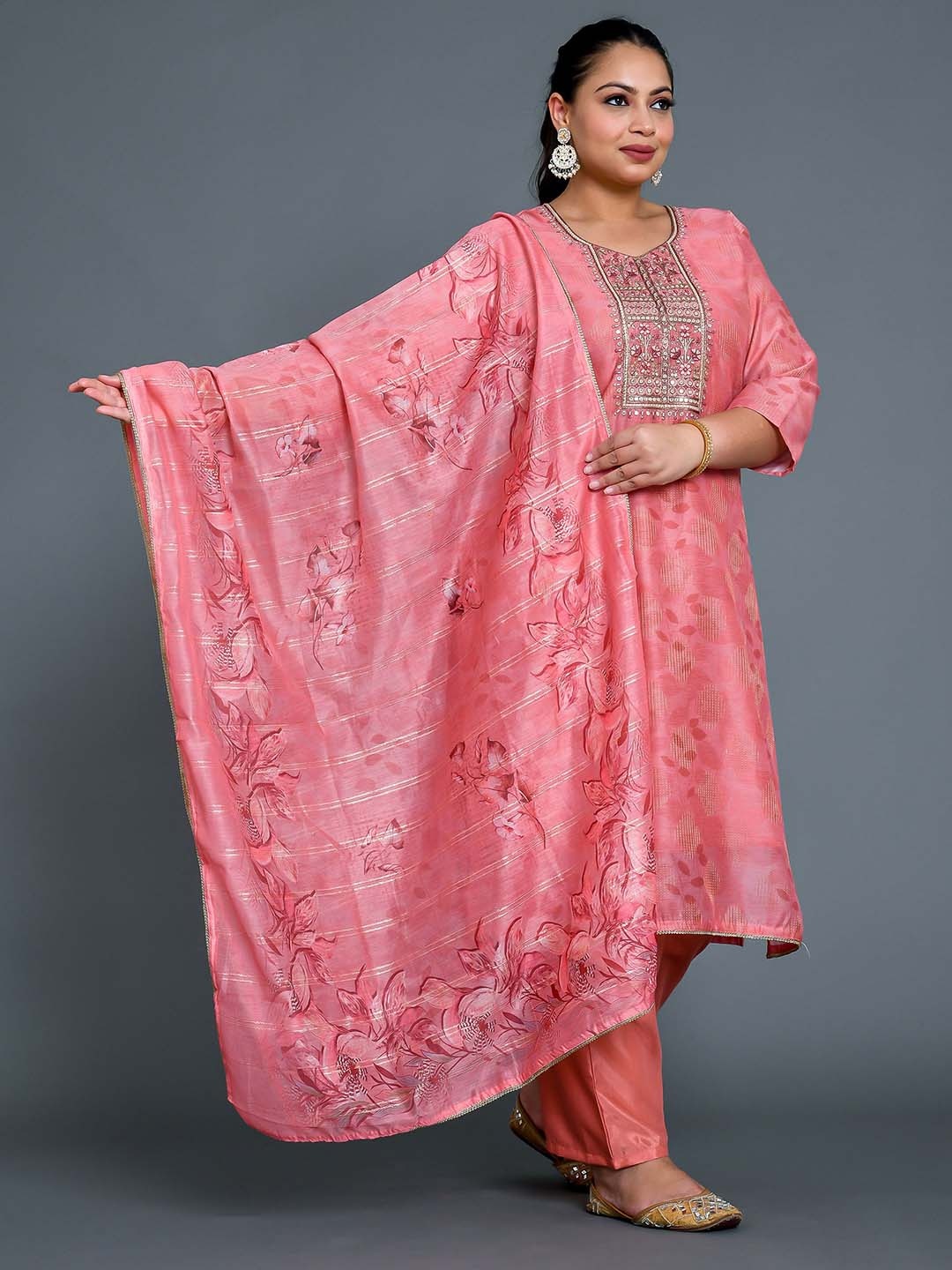 

madam PLUS Round Neck Floral Printed Sequinned Chanderi Silk Kurta with Trouser & Dupatta, Pink