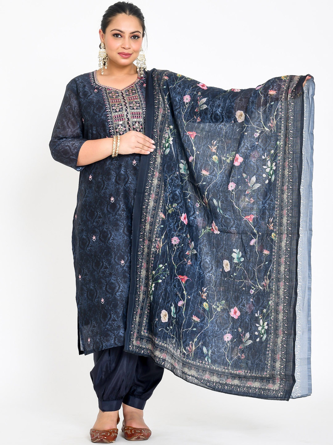 

madam PLUS Round Neck Floral Embroidered Sequinned Straight Kurta with Salwar & Dupatta, Navy blue