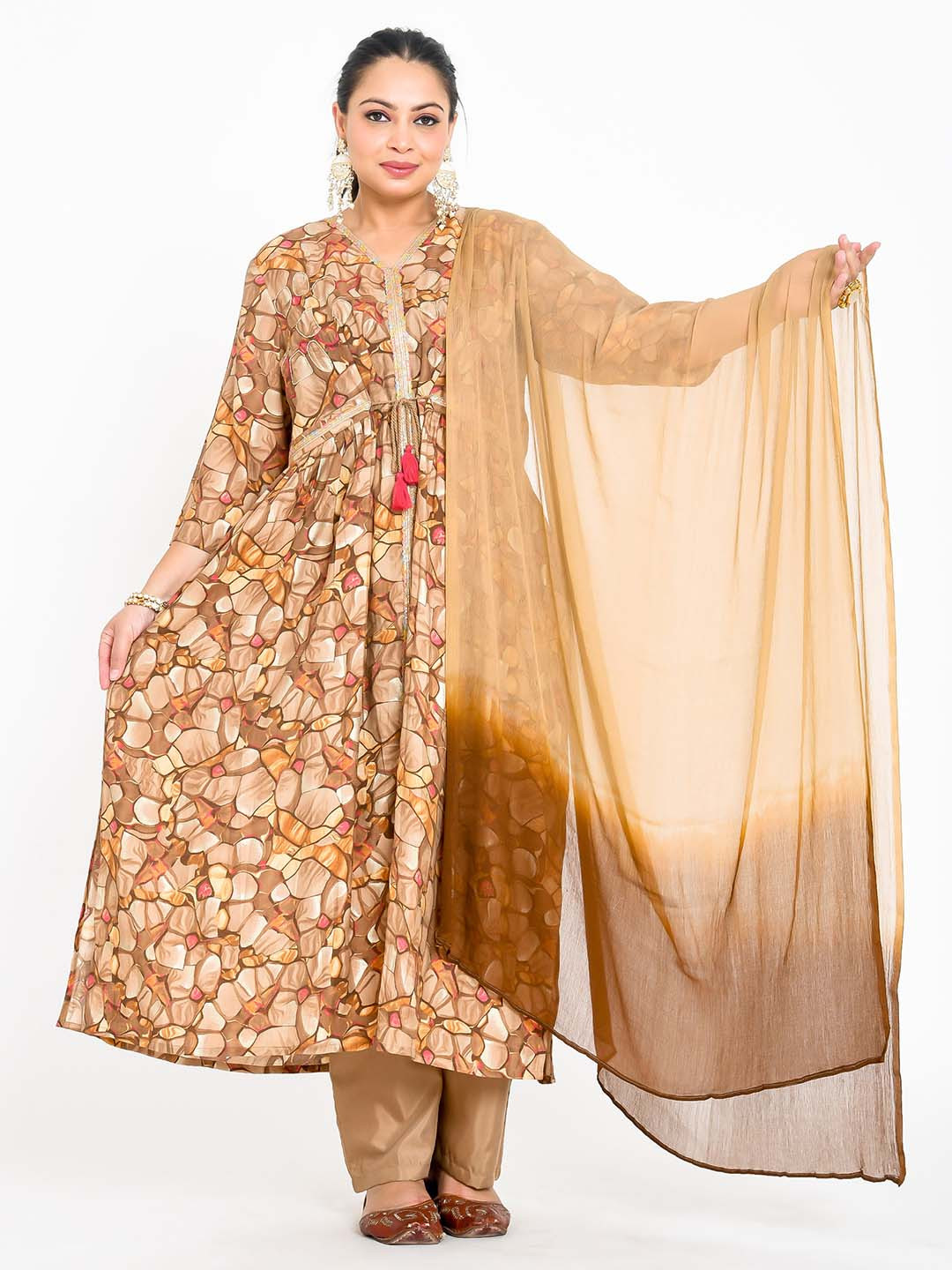 

madam PLUS V Neck Floral Printed Gotta Patti Anarkali Kurta with Trouser & Dupatta, Brown