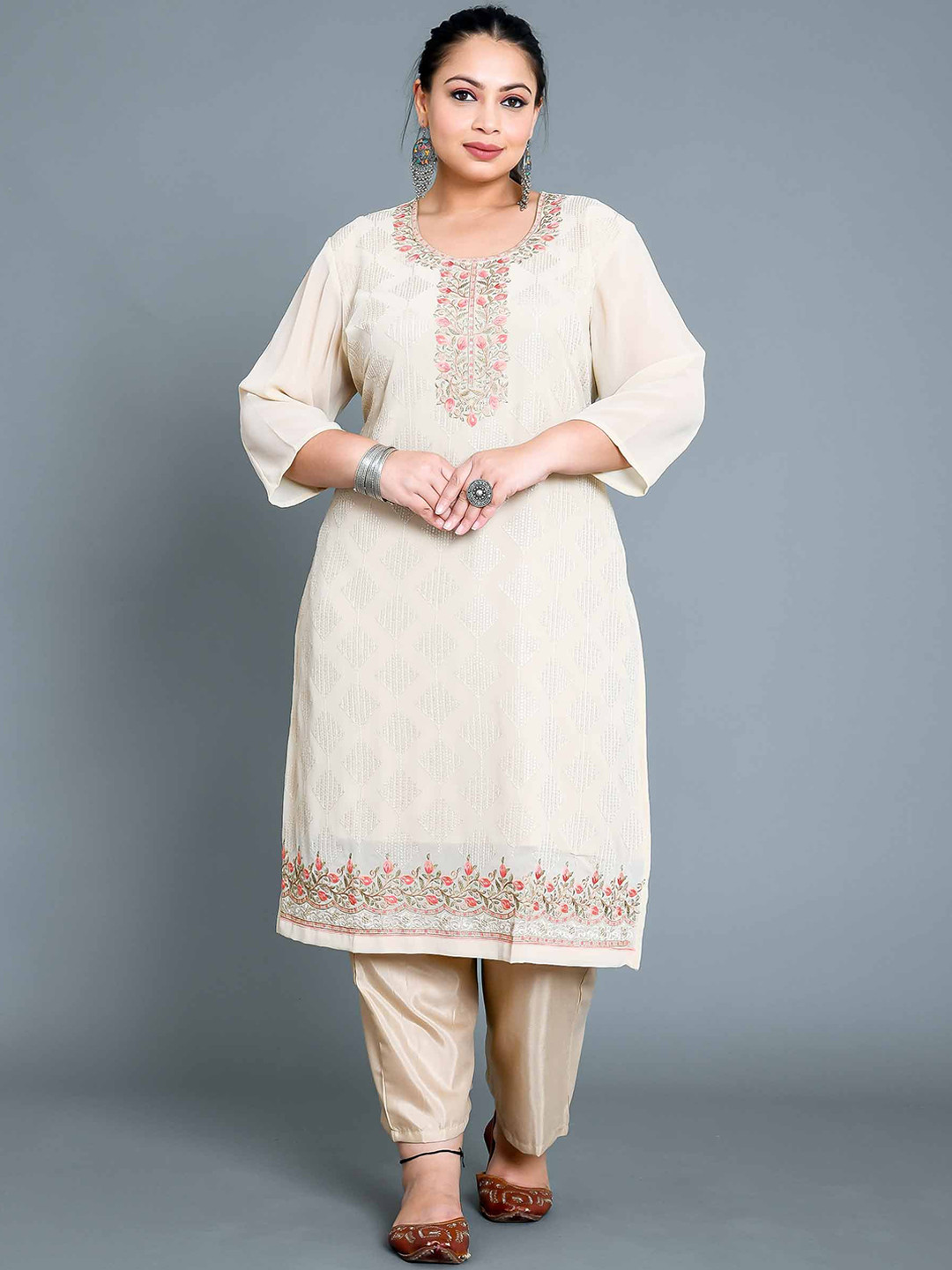 

madam PLUS Round Neck Floral Embroidered Straight Kurta with Trouser & Dupatta, Peach
