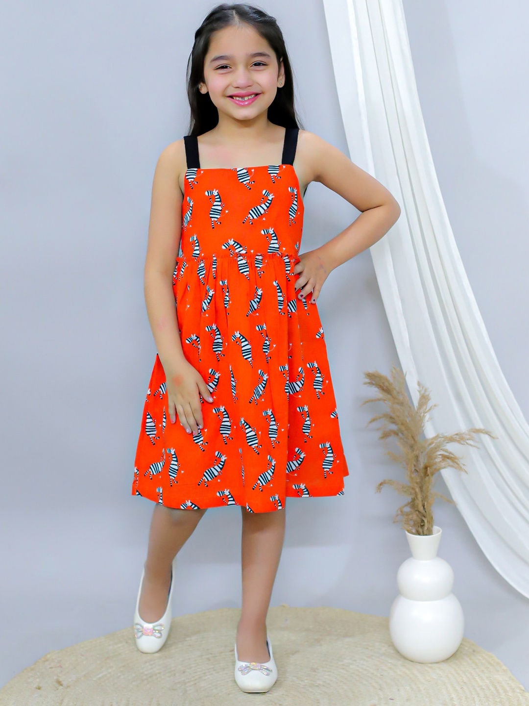 

Ka-mee Girls Shoulder Straps Cotton Fit & Flare Dress, Orange