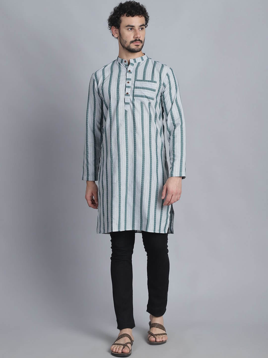 

Enchanted Drapes Men Striped Thread Work Kurta, Green