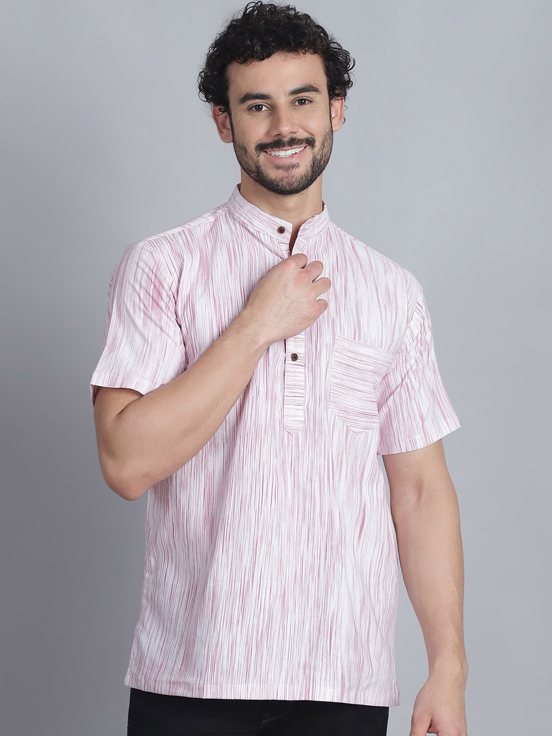 

Enchanted Drapes Men Striped Flared Sleeves Thread Work Kurta, Pink