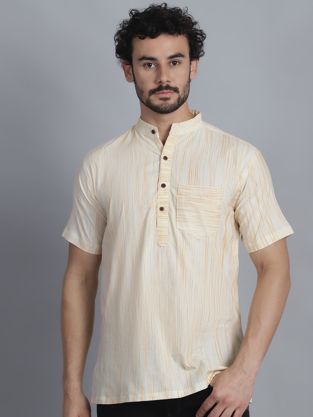 

Enchanted Drapes Striped Band Collar Pure Cotton Straight Kurta, Yellow