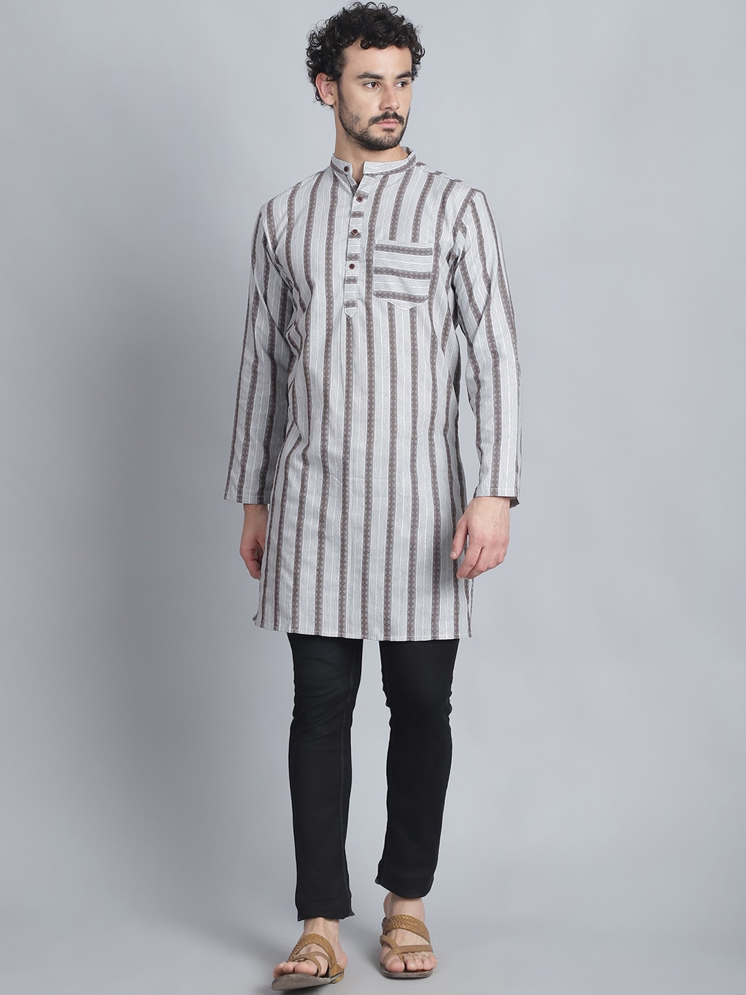 

Enchanted Drapes Men Striped Thread Work Kurta, Brown