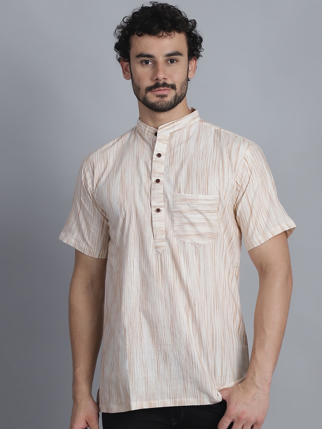 

Enchanted Drapes Striped Band Collar Pure Cotton Straight Kurta, Brown
