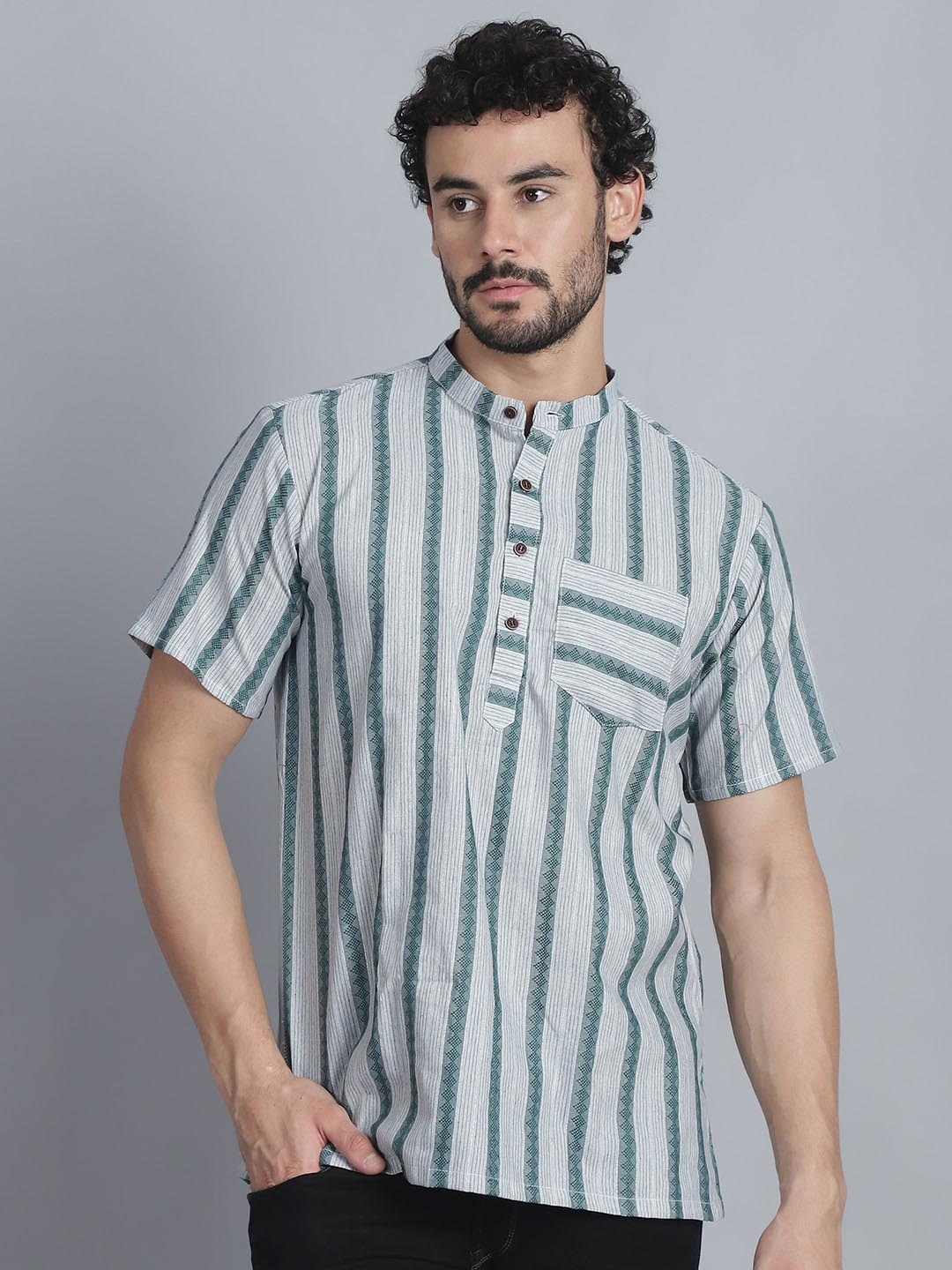 

Enchanted Drapes Men Striped Flared Sleeves Kurta, Green