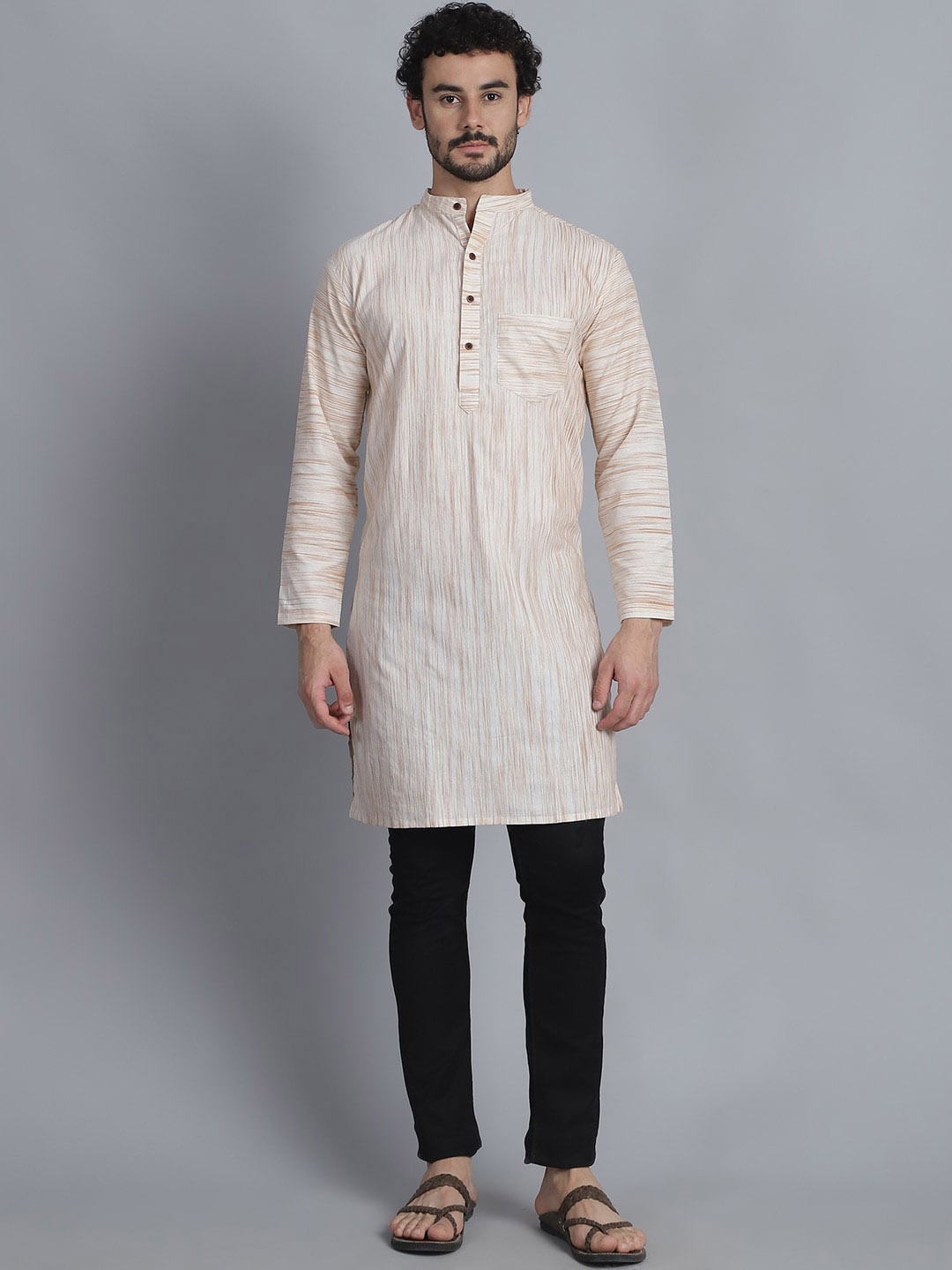 

Enchanted Drapes Striped Band Collar Pure Cotton Straight Kurta, Beige