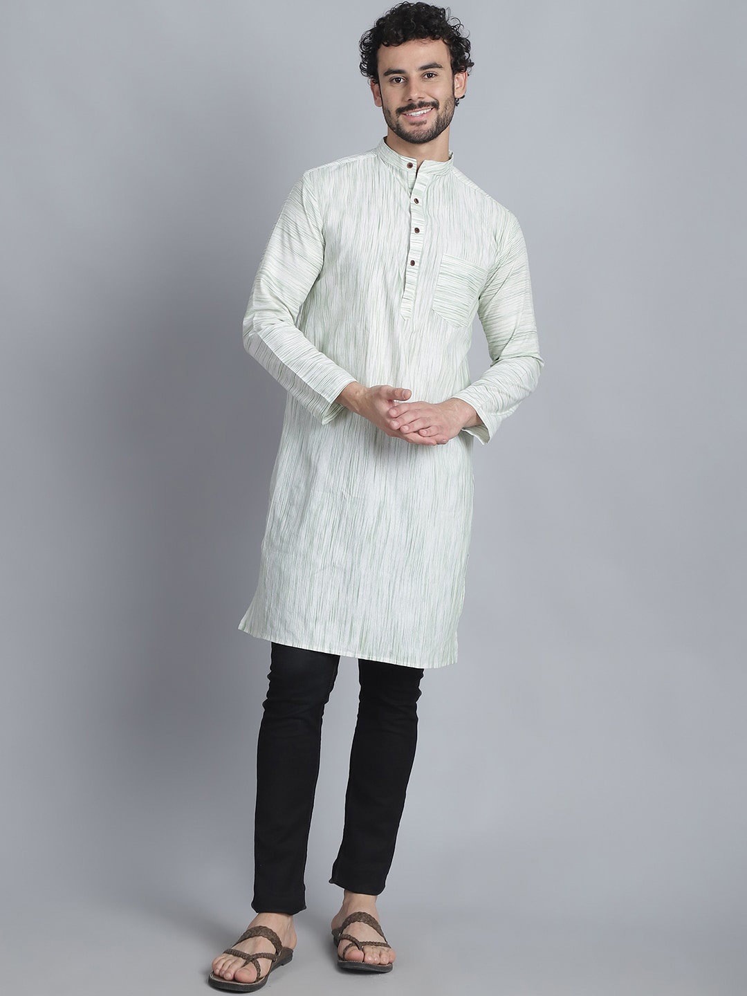 

Enchanted Drapes Men Striped Thread Work Kurta, Green