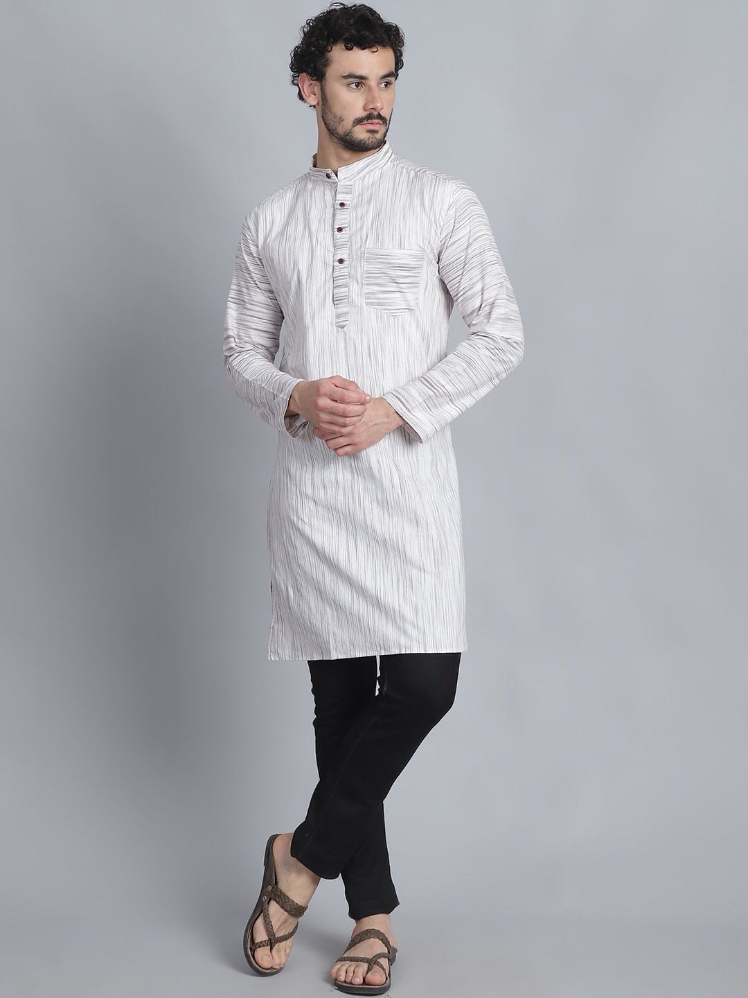 

Enchanted Drapes Striped Band Collar Pure Cotton Straight Kurta, White