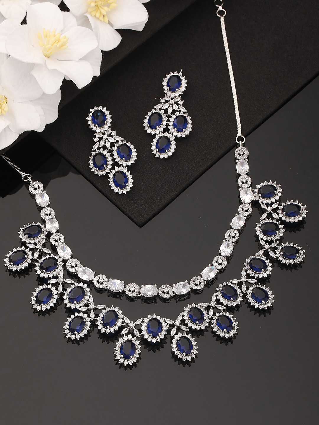 

Jazz and Sizzle Rhodium-Plated American Diamond Studded Layered Jewellery Set, Silver