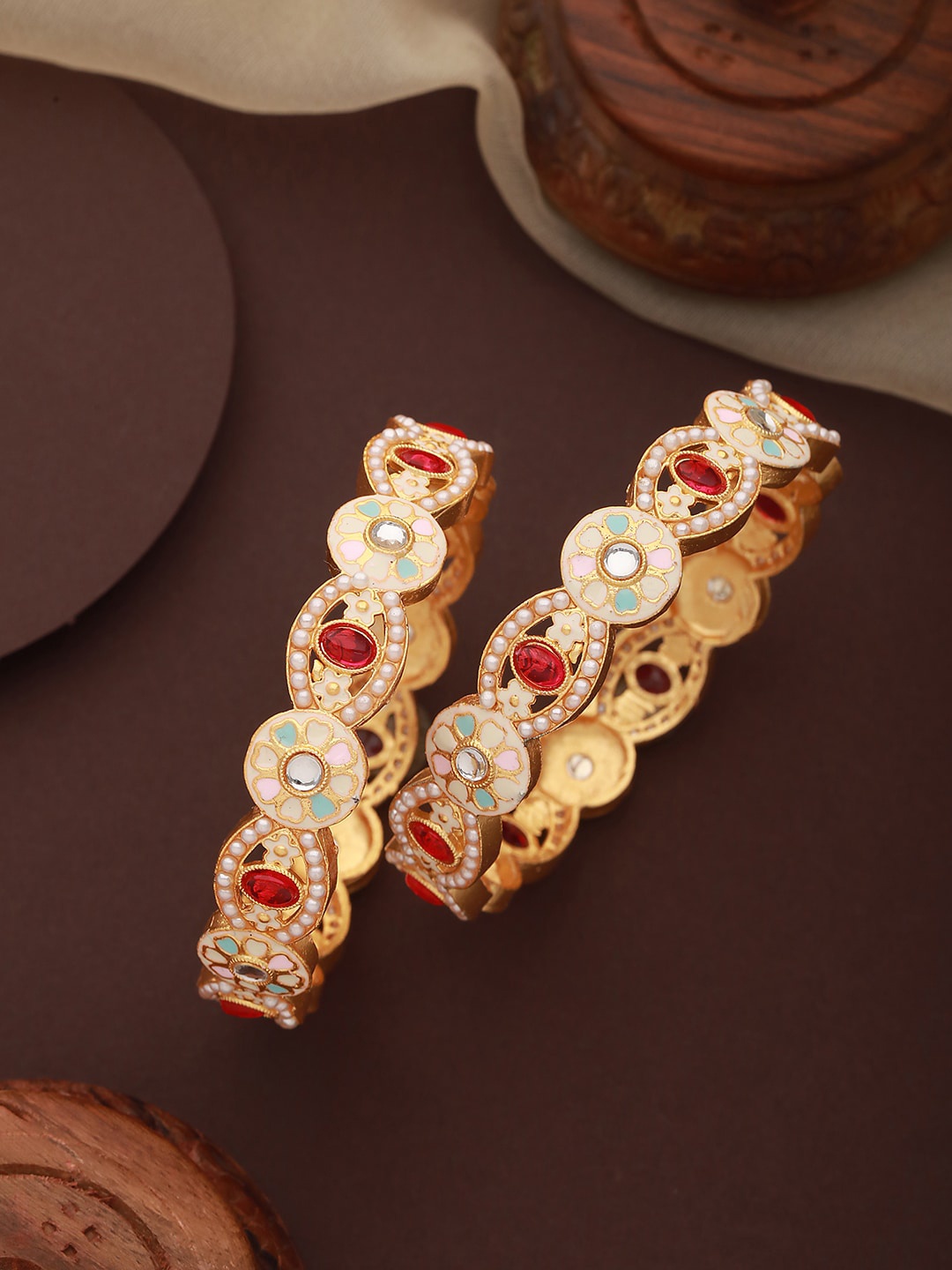 

Jazz and Sizzle Set Of 2 24KT Gold-Plated Stones & Pearls-Studded Bangles