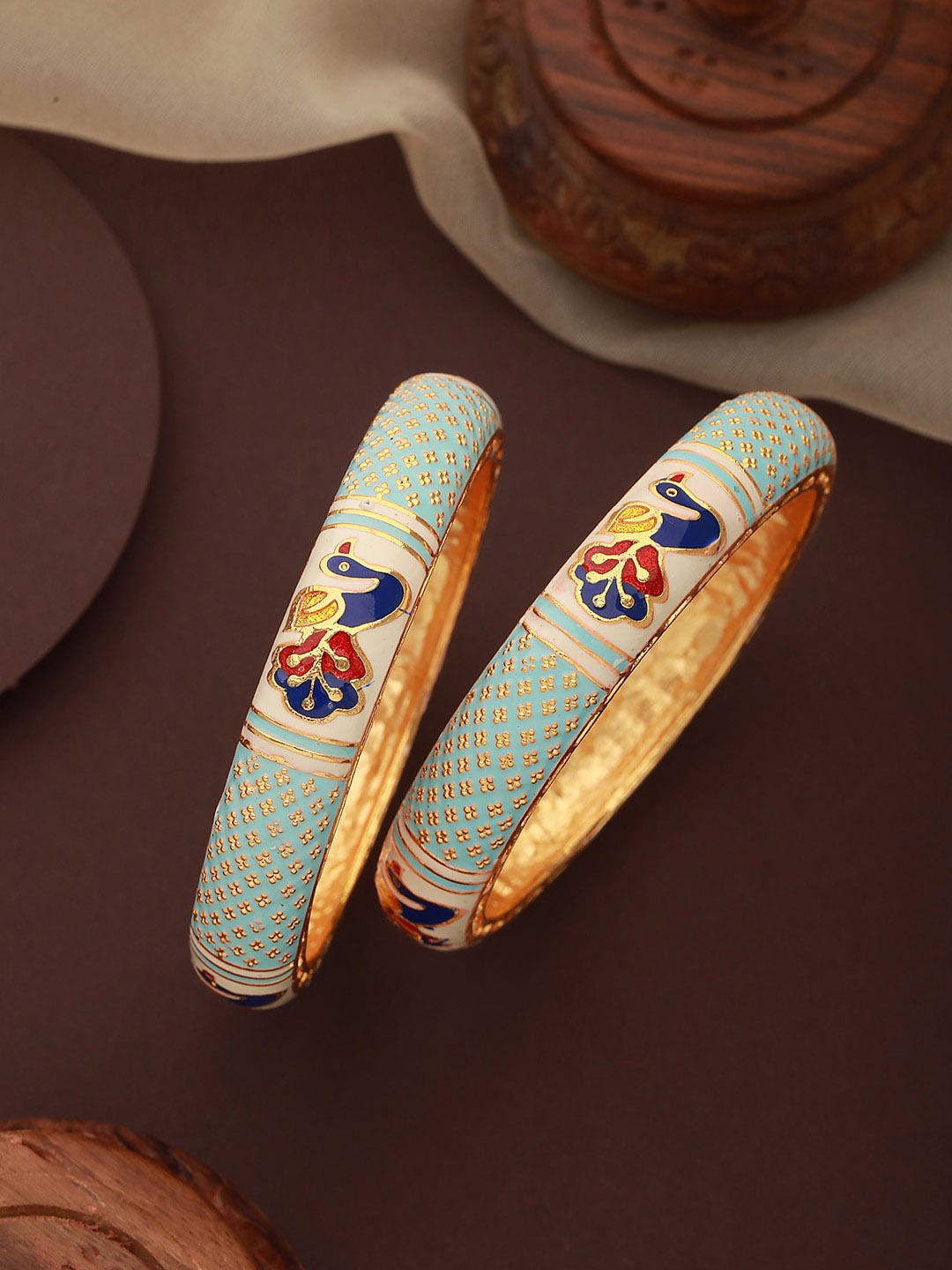 

Jazz and Sizzle Set Of 2 Gold-Plated Peacock Meenakari Bangles