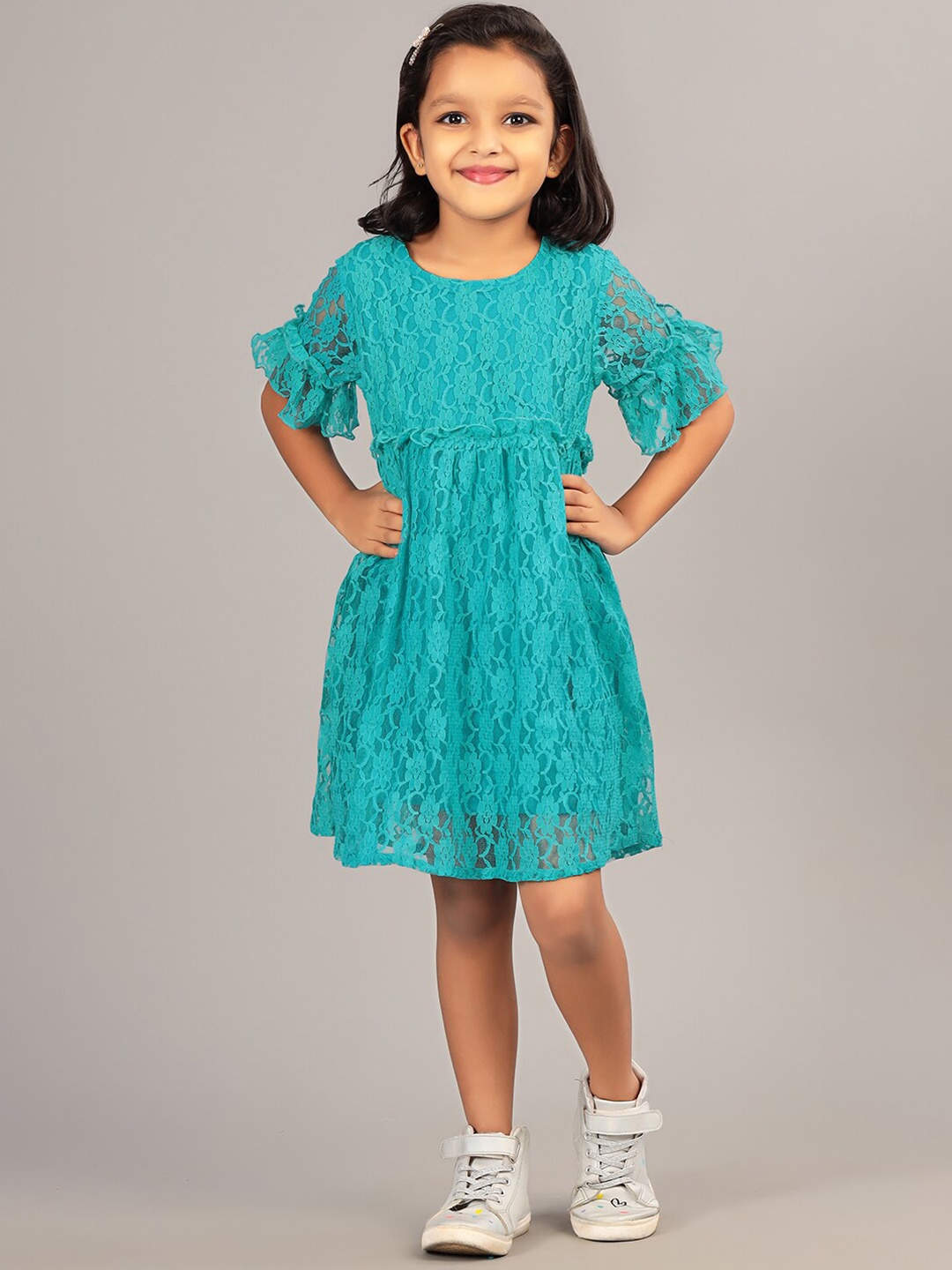 

ZION Girls Floral Self Design Bell Sleeve Lace Fit & Flare Dress, Green