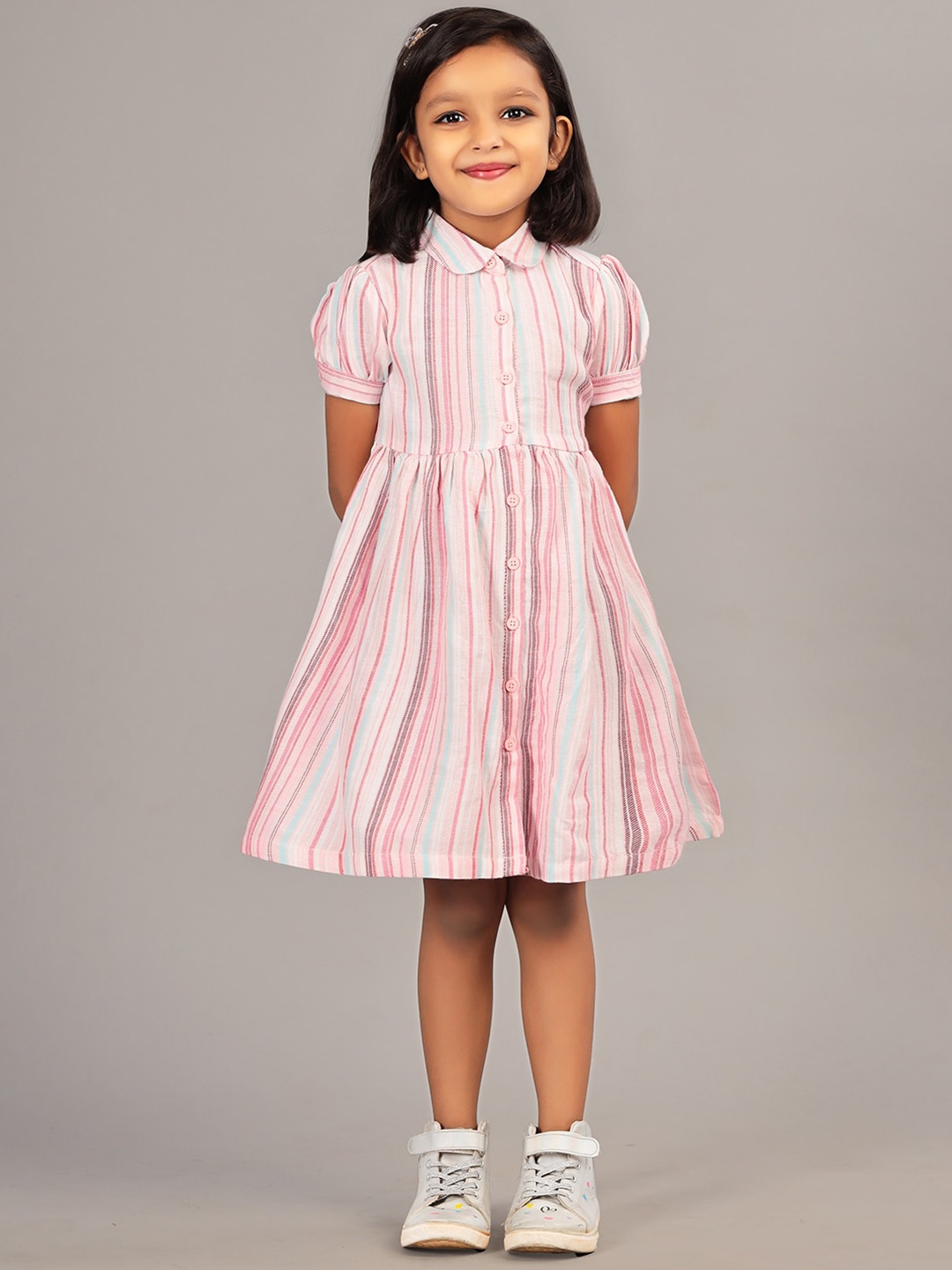 

ZION Girls Striped Shirt Collar Puff Sleeves Shirt Dress, Pink