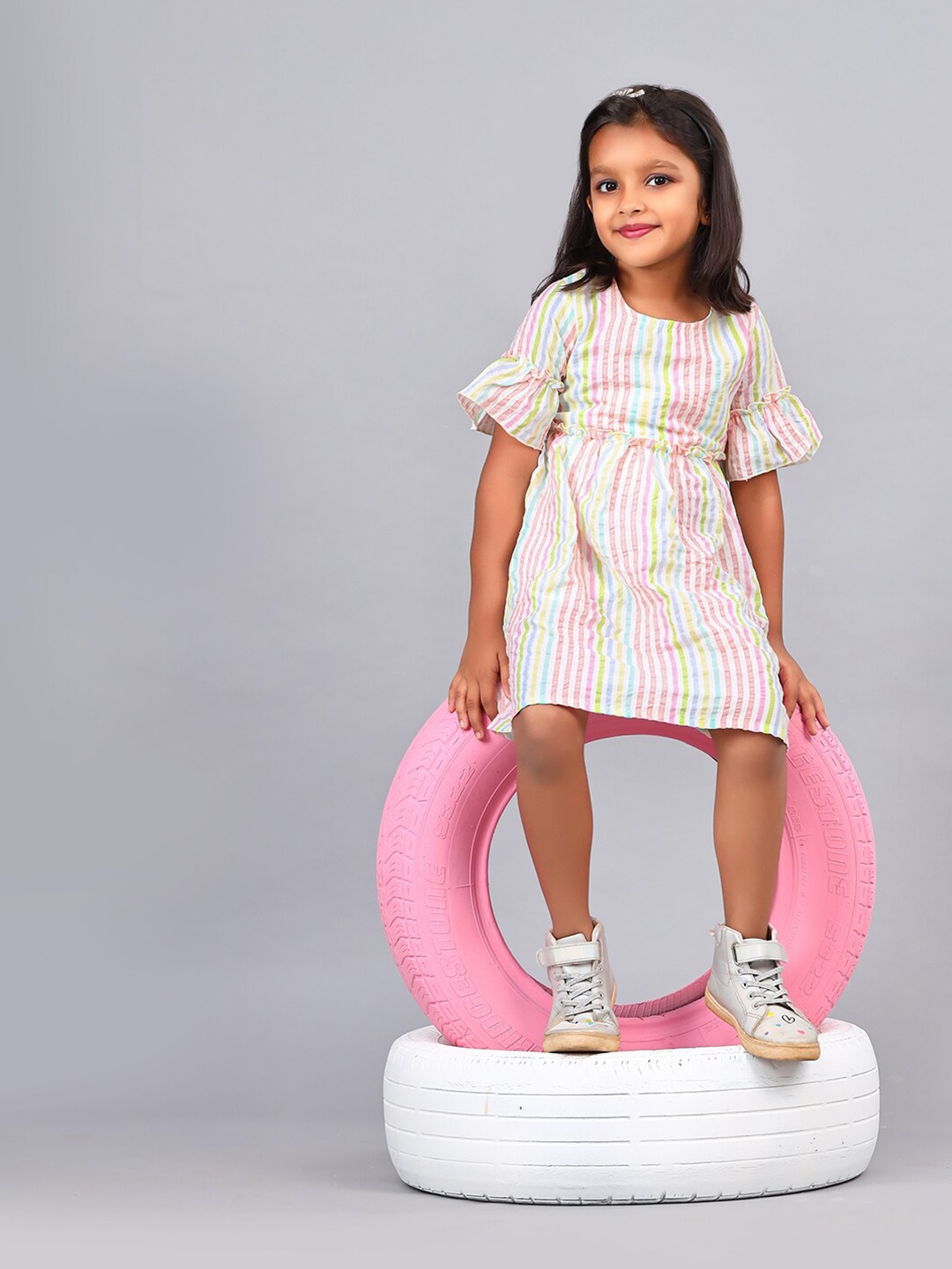 

ZION Girls Cotton Striped Bell Sleeves A-Line Dress, Pink