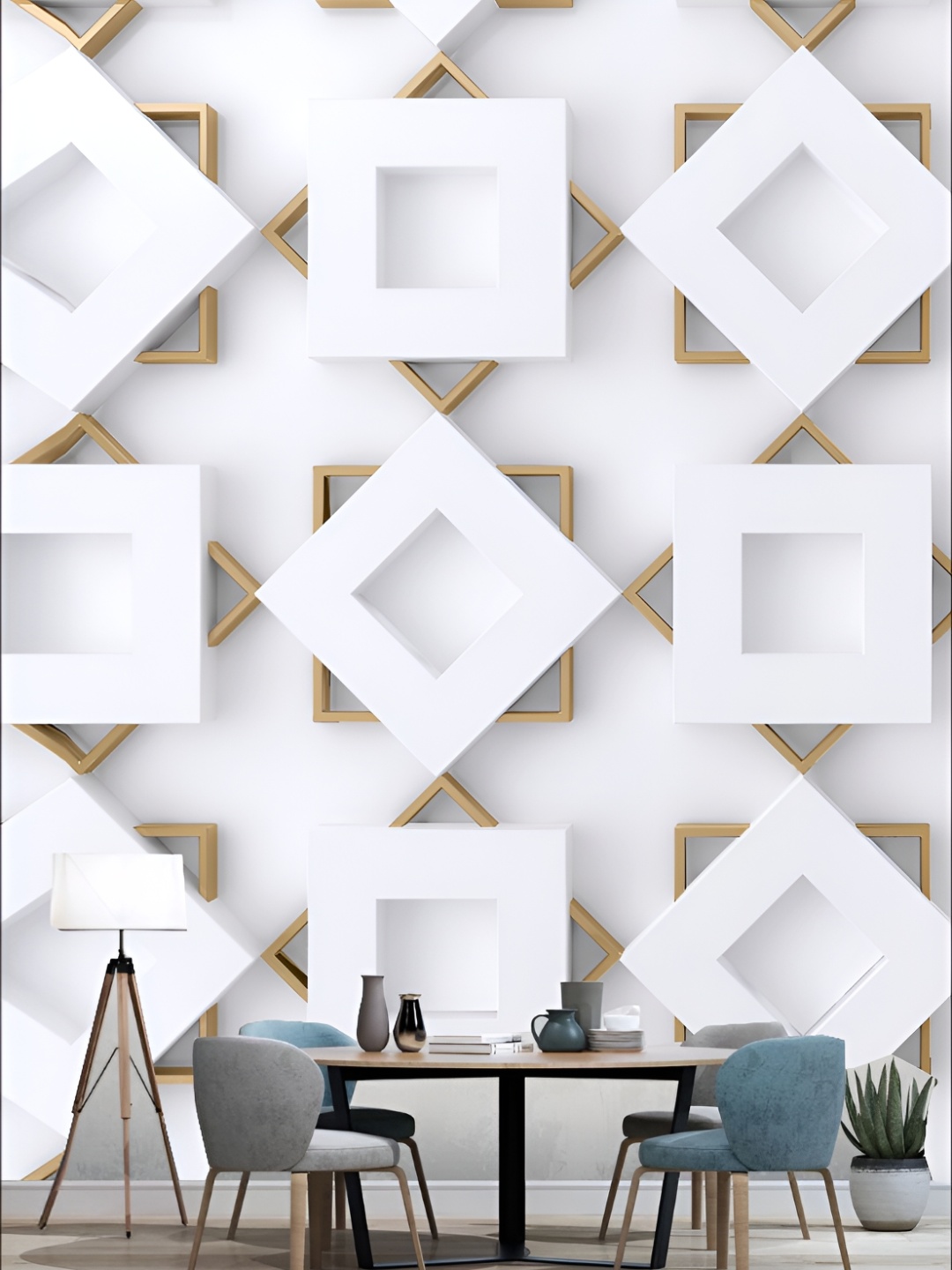 

KSHIRSA White & Gold Geometric Printed Self Adhesive 3D Wallpaper