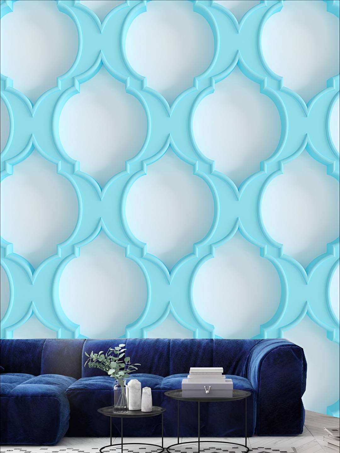

KSHIRSA Turquoise Blue & White 3D Printed Self-Adhesive Wallpaper