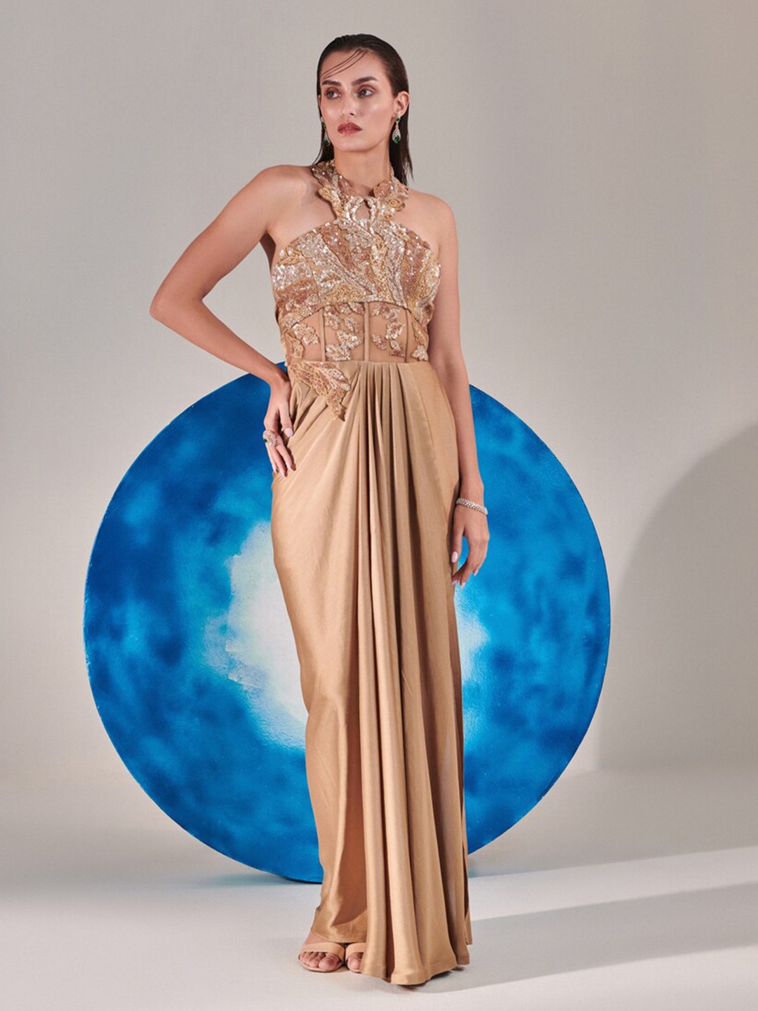 

ONE KNOT ONE Women Embellished Halter Neck Maxi Dress, Gold