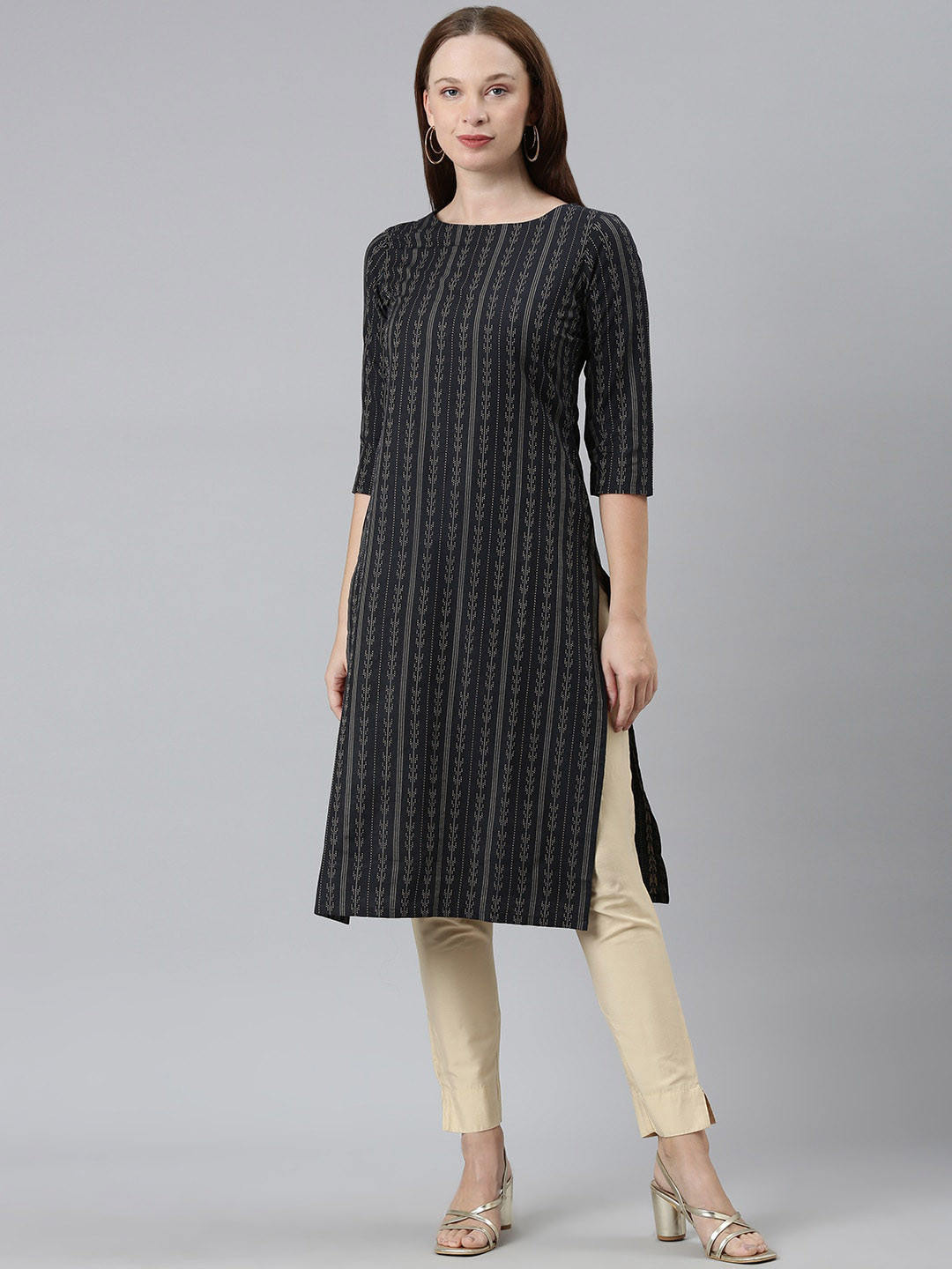 

KALINI Women Striped Thread Work Kurta, Navy blue